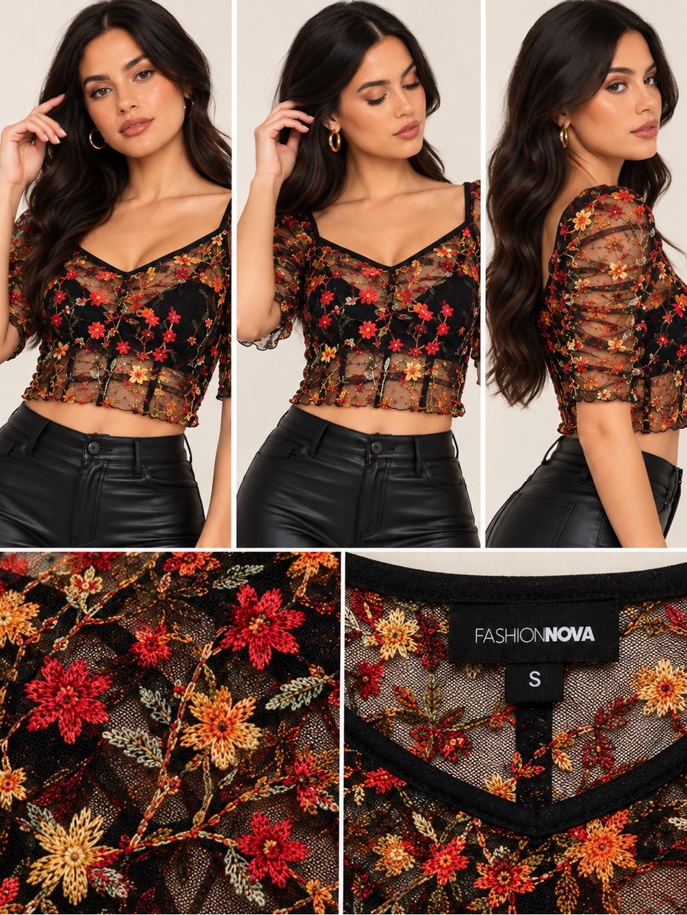 Fashion Nova Black Mesh Crop Top with Red & Orange Floral Embroidery